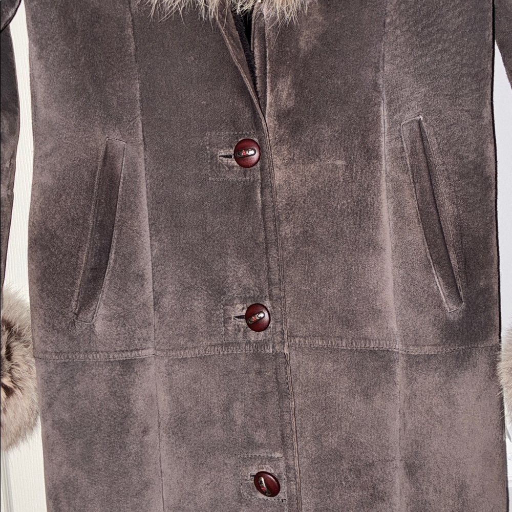 Long Brown Suede Coat with Mink Fur Trim - Women's Size M - Picture 6 of 15